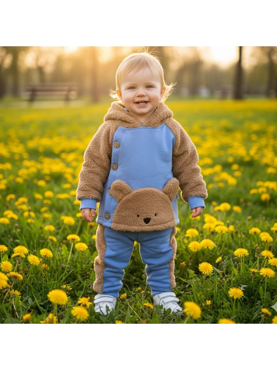 Елегантен Луксозен Ватиран Комплект за Бебе в Кафяво и Синьо Елегантен Луксозен Ватиран Комплект за Бебе в Кафяво и Синьо