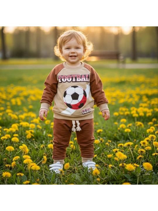 Страхотен памучен Детски Комплект в Кафяво и Кремаво с Футболна Топка и Надпис 'FOOTBALL'